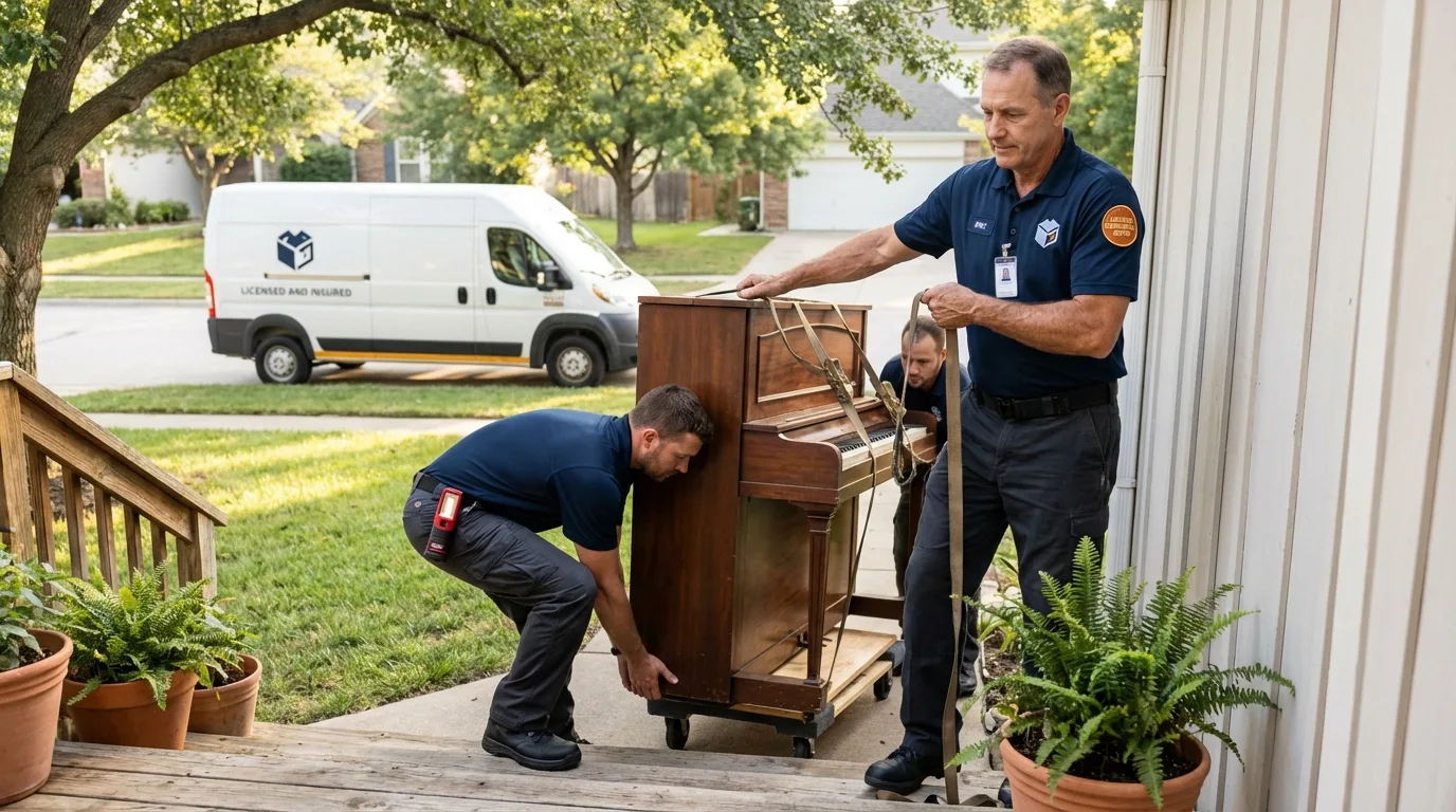 Licensed piano movers securing grand piano in Wewoka, OK