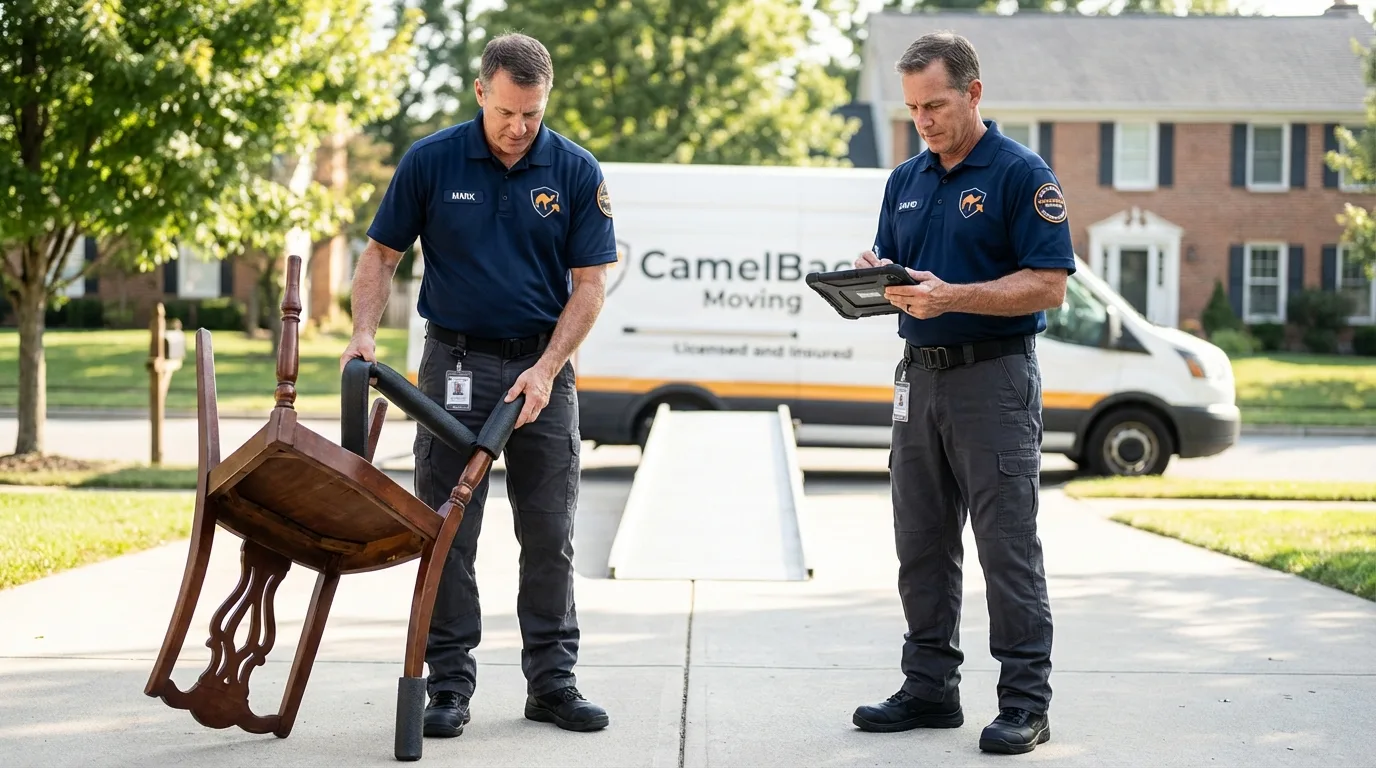 Movers inspecting furniture for damage prevention before loading in Wewoka, OK