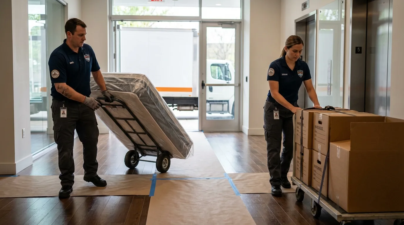 Professional apartment movers loading elevator in Wewoka, OK